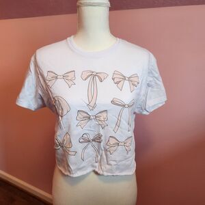 Preppy Pink Cute Bow Cropped White Tshirt Women’s Size Small Jantzen Ruby